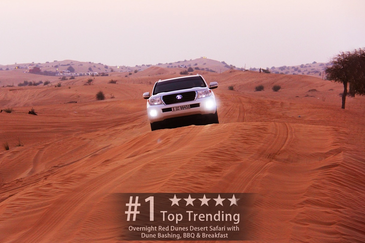 Overnight Red Dunes Desert Safari with Dune Bashing, BBQ & Breakfast.